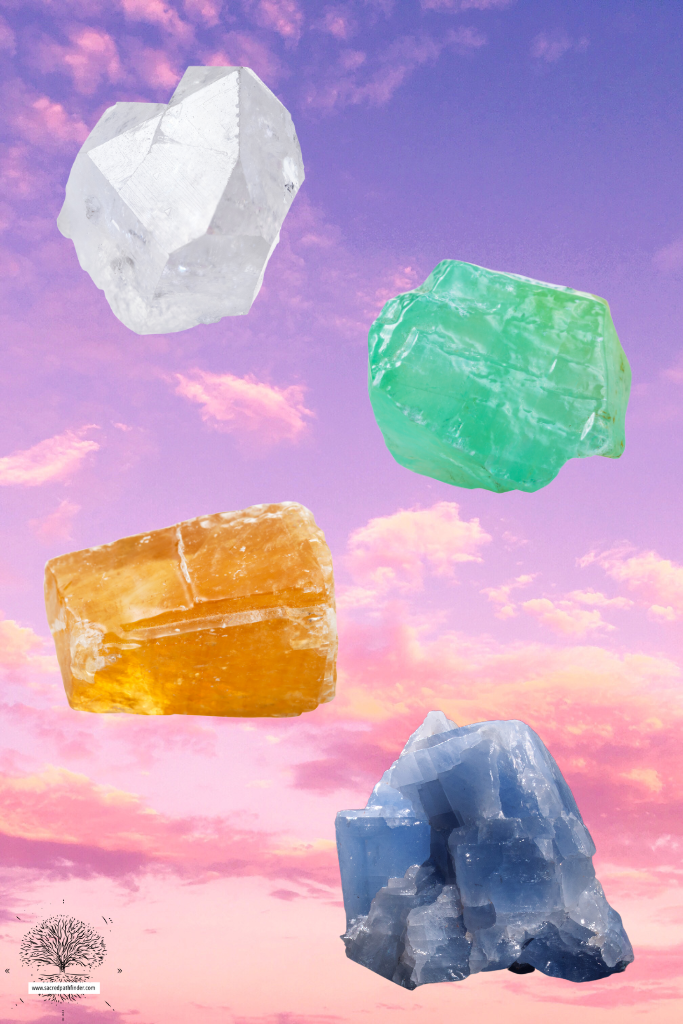 Photo of calcite crystals, featuring clear, green, orange, and blue. 