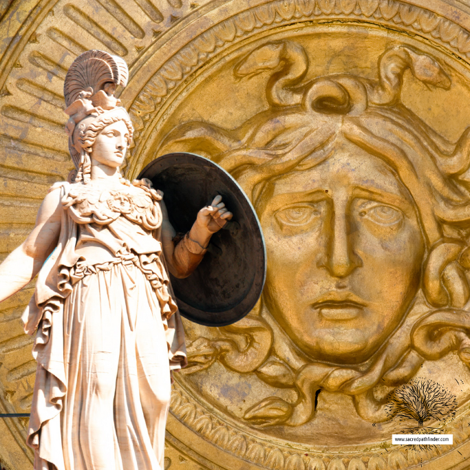 Photo of the goddess Athena, as a statue. In the background is the symbol of medusa in gold.