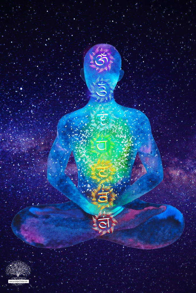 Photo of the shape of a human, mediating with the chakras highlighted. 