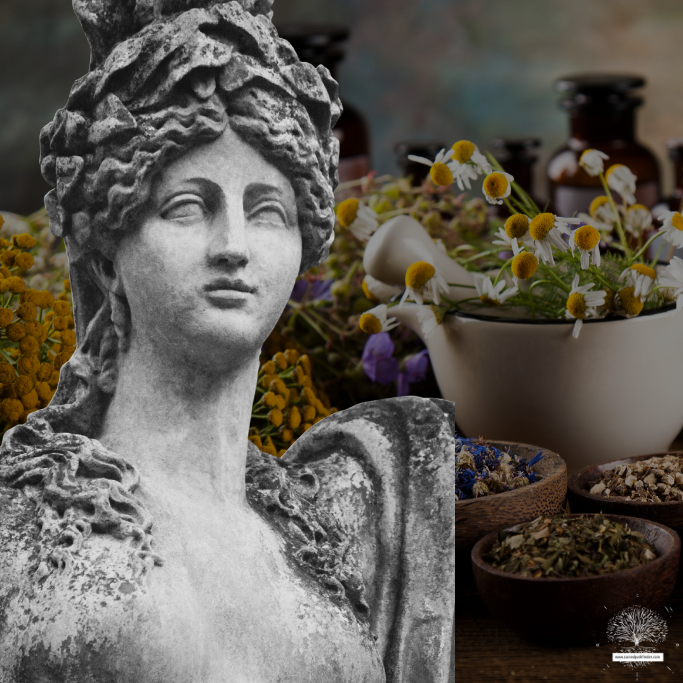 Photo of the goddess Circe as a statue, in front of dried herbs and flowers. 
