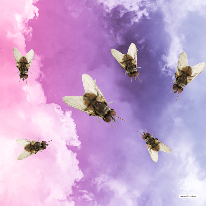 Photo of a bunch of flies in front of clouds.