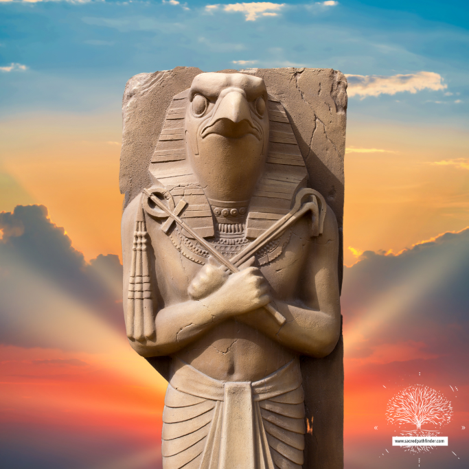 Photo of a statue of the God Ra, in front of the rising sun. 