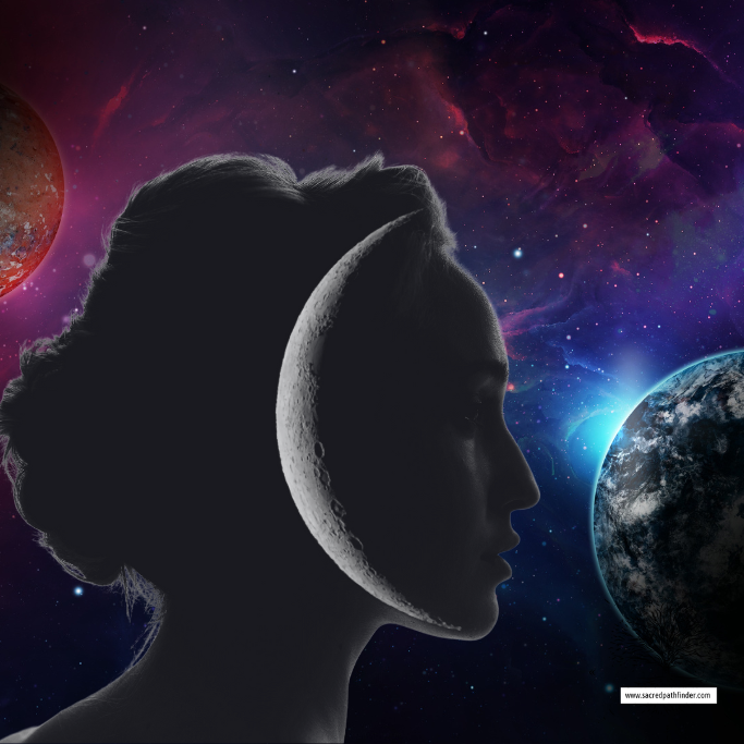 Photo of a woman with the crescent moon superimposed on her face, in front of a cosmic universe background.