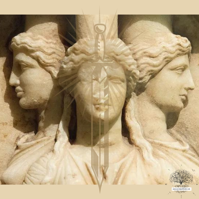 Photo of the goddess hekate, as a statue with three heads. 