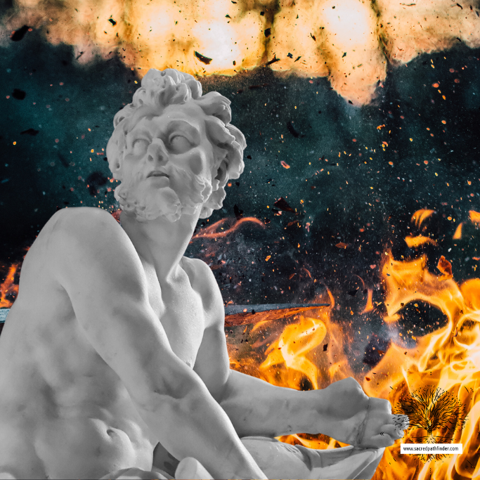 Photo of the greek god, hephaestus, god of fire, in front of a background of fire