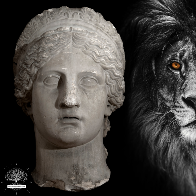 Photo of the goddess hera. There is a statue head of Hera, next to the head of a lion. 
