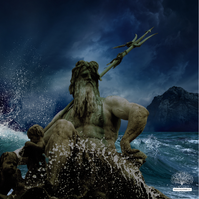 Photo of a statue of Poseidon in front of tumultuous waters. 