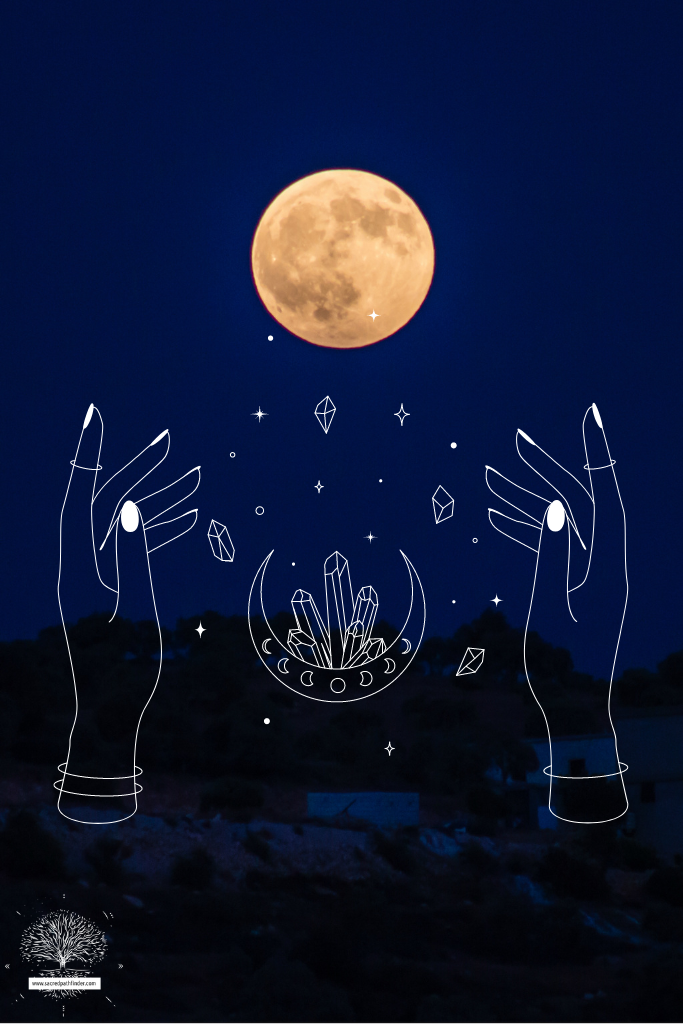 Photo of a symbol for psychic in front of a moon background. 