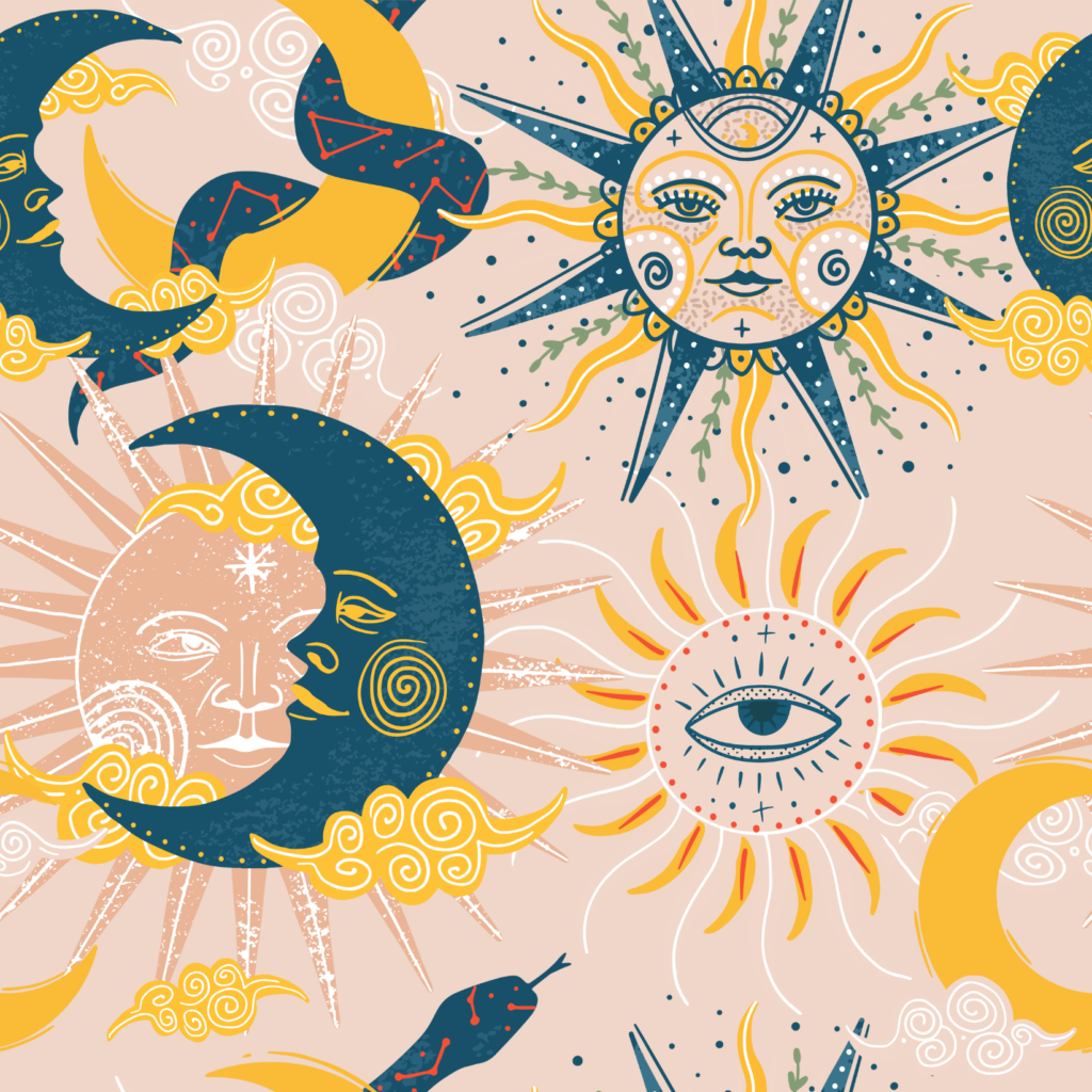 Photo of a pattern featuring suns and moons. 