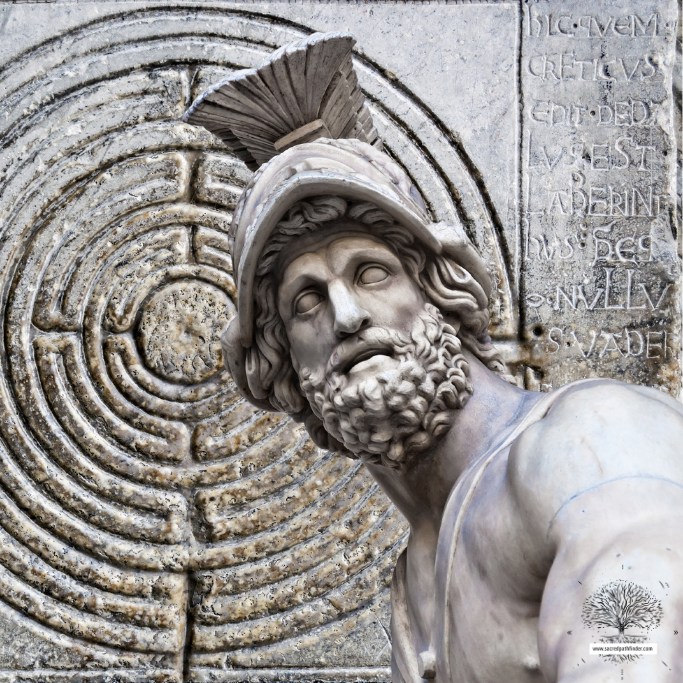 Photo of the Greek hero Theseus in front of the labyrinth symbol.