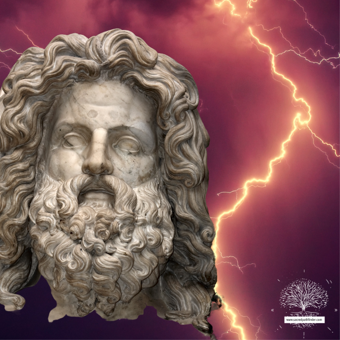 photo of a statue of the greek god zeus, with a different background that is a lightnight storm