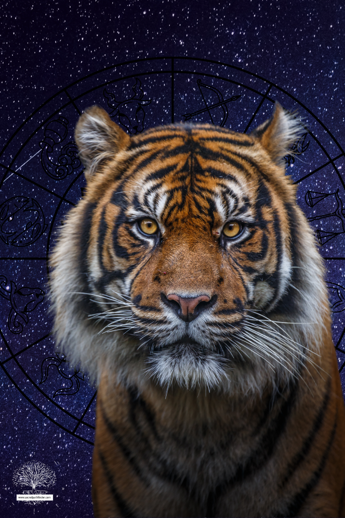 Animal symbols of strength feature image, with a tiger in front of a zodiac wheel.