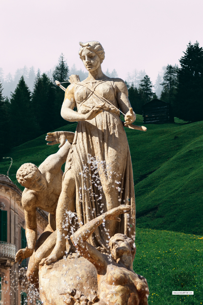 Photo of a statue of Artemis, in front of a forest background. 