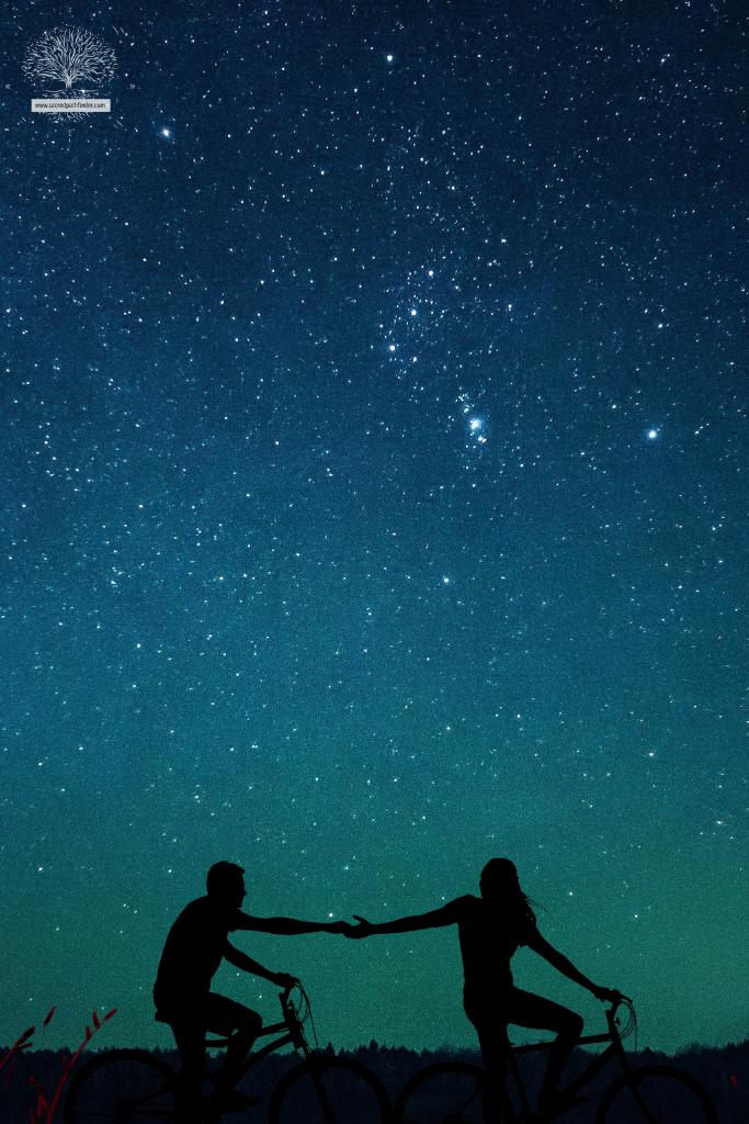 Photo of twin flames on a night time bike ride