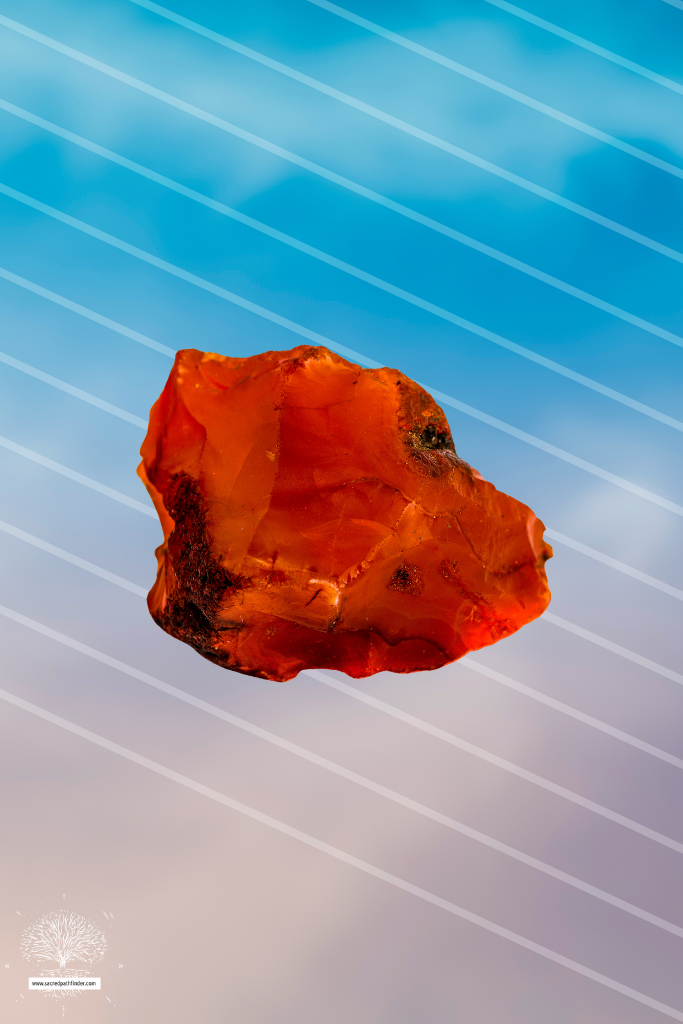 Photo of a carnelian crystal in front of a sky background. 