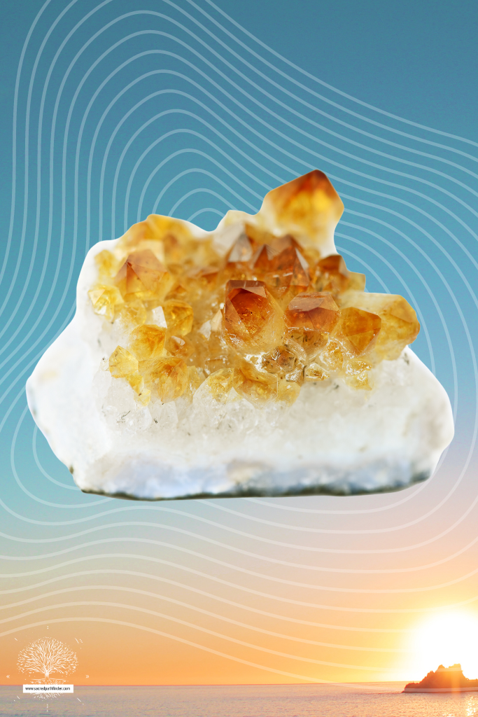 Photo of citrine in front of a sunset background.