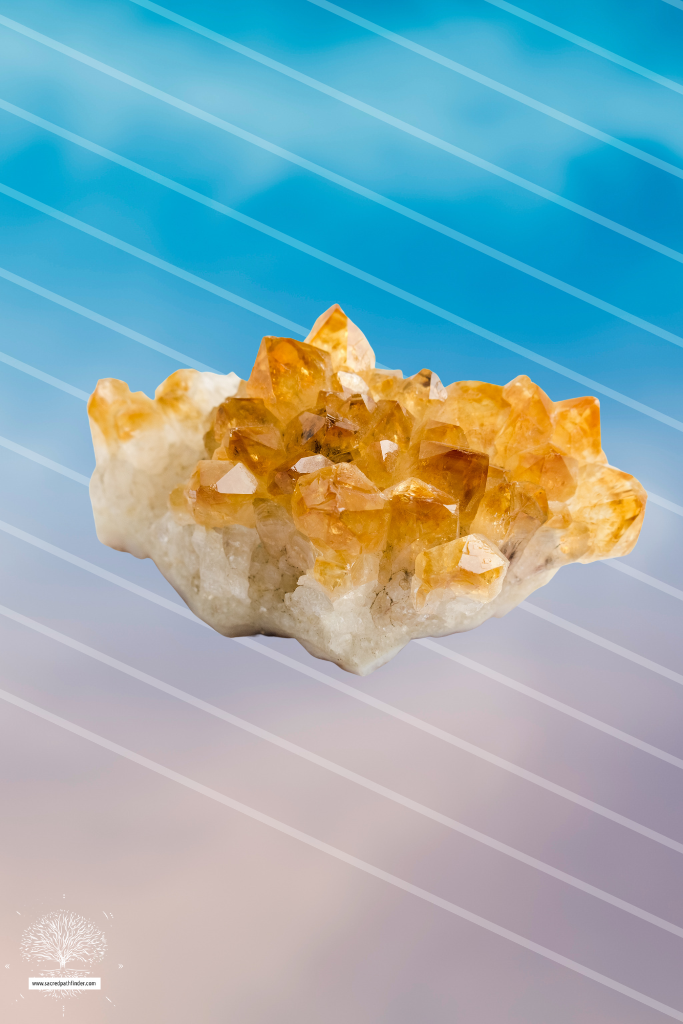 Photo of a citrine crystal in front of a sky background. 