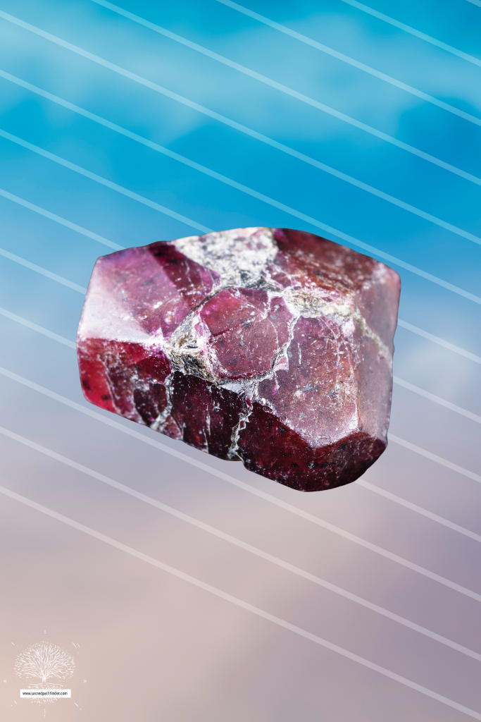 Photo of a raw garnet stone in front of a sky background. 