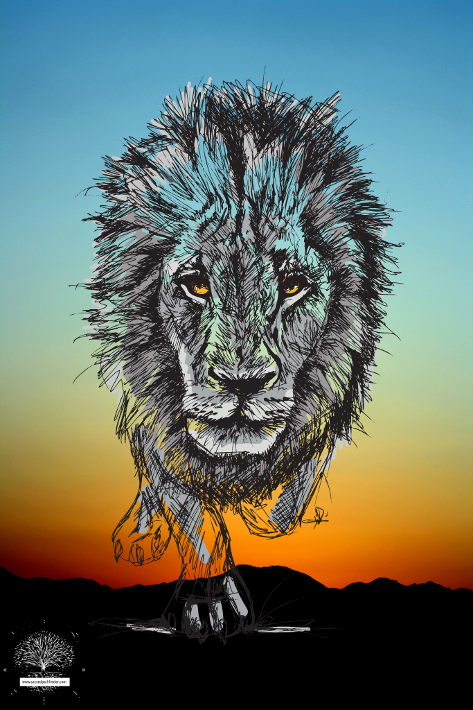 Photo of a drawing of a lion zodiac in front of a sunset