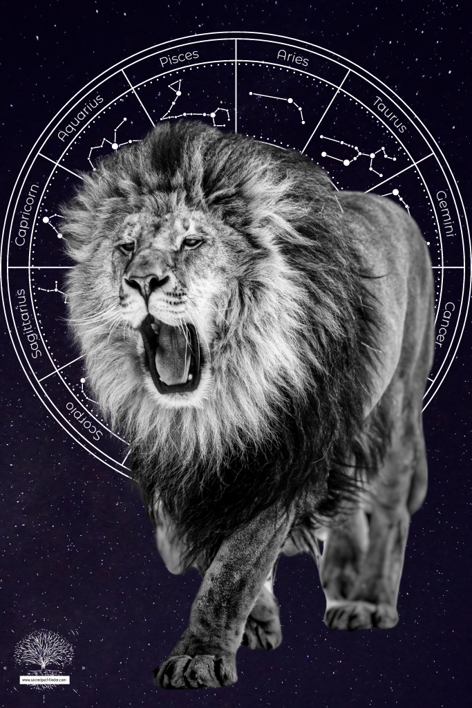 Photo of a male lion, roaring, in front of a zodiac wheel, in front of a starry night.