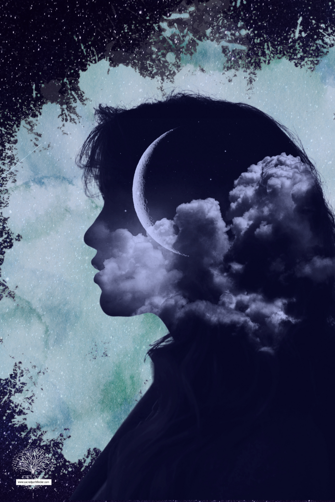 Photo of the outline of a woman, with the moon in the negative space and clouds, and a paint splatter behind her.