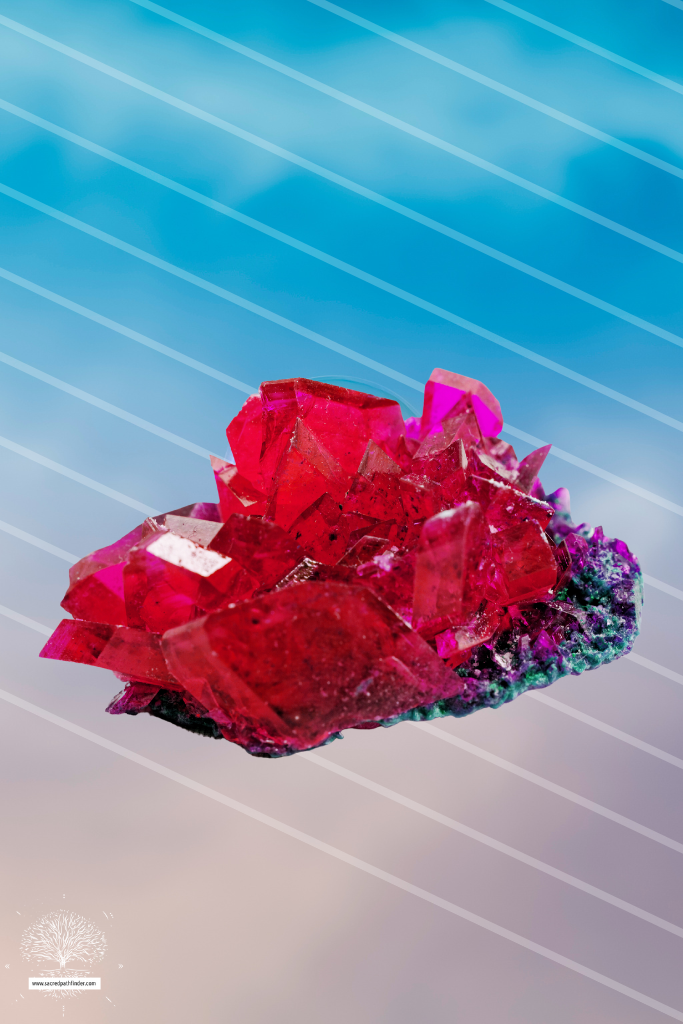 Photo of a ruby stone in front of a sky background. 