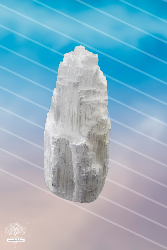 Photo of selenite in front of a sky background. 