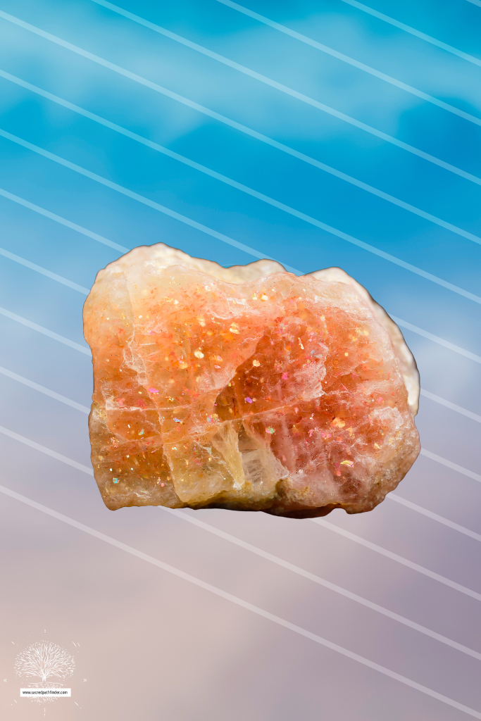 Photo of a sunstone crystal in front of a sky background.