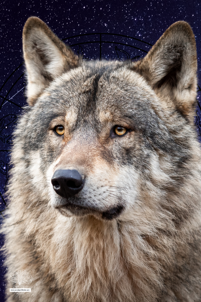 Closeup photo of an wolf, which is a spirit animal symbol of strength.