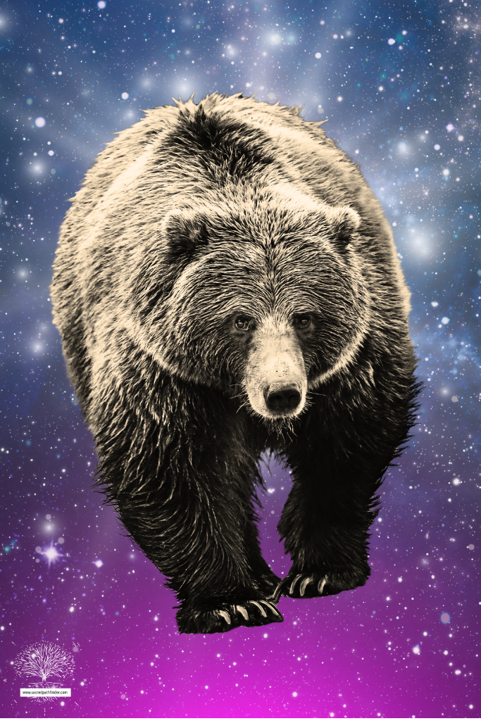 Black and white photo of a grizzly bear in front of a colorful cosmic sky background. 