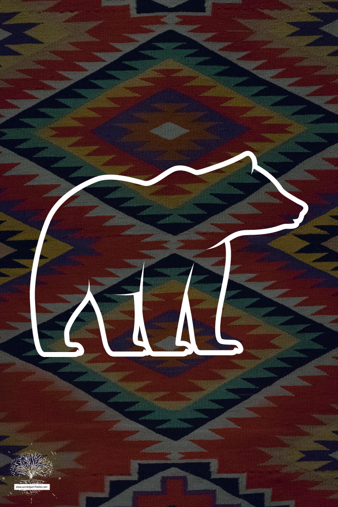 Photo of a bear graphic in front of a native american rug. 