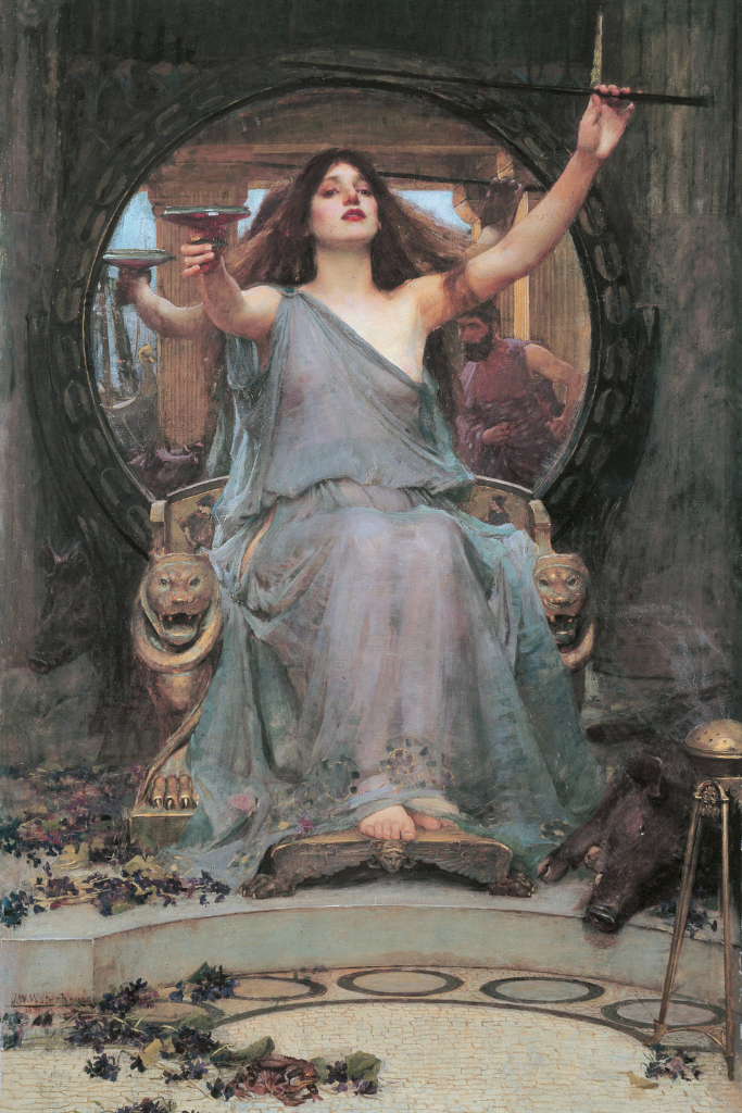 Beautiful painting of the Goddess Circe on a throne, with her hands in the air. 
