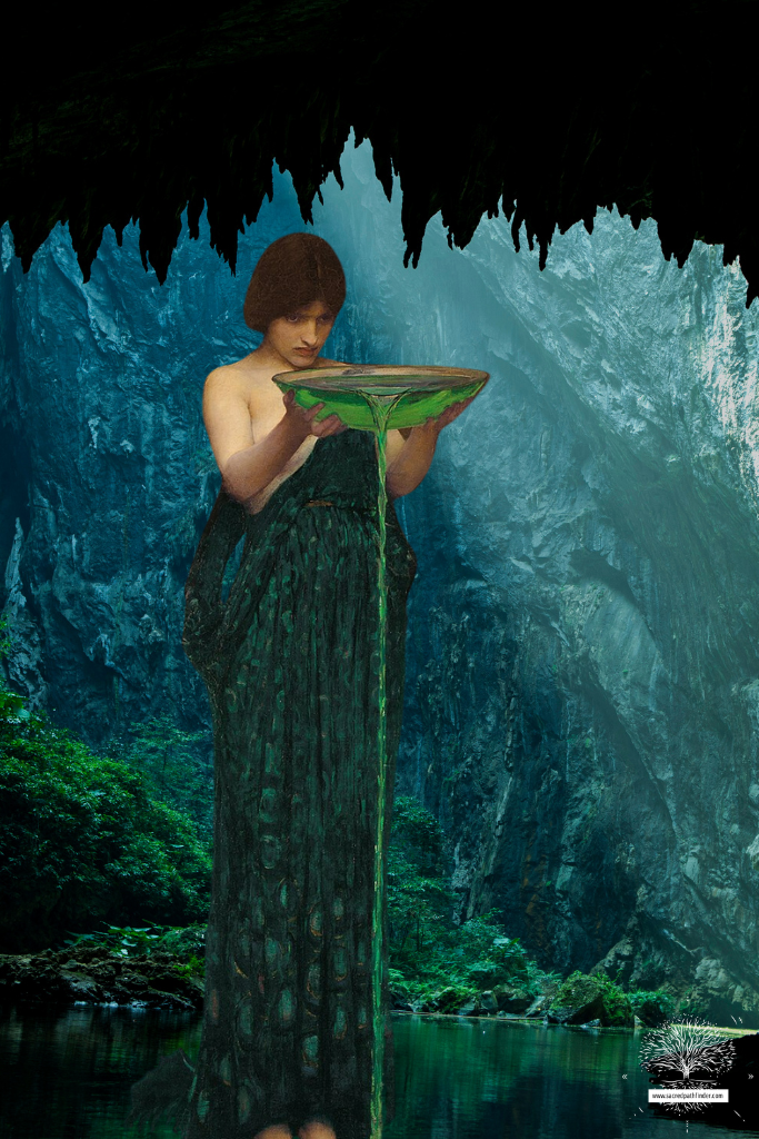 Photo of the Circe painting of her poisoning Scylla, in front of a cave background.