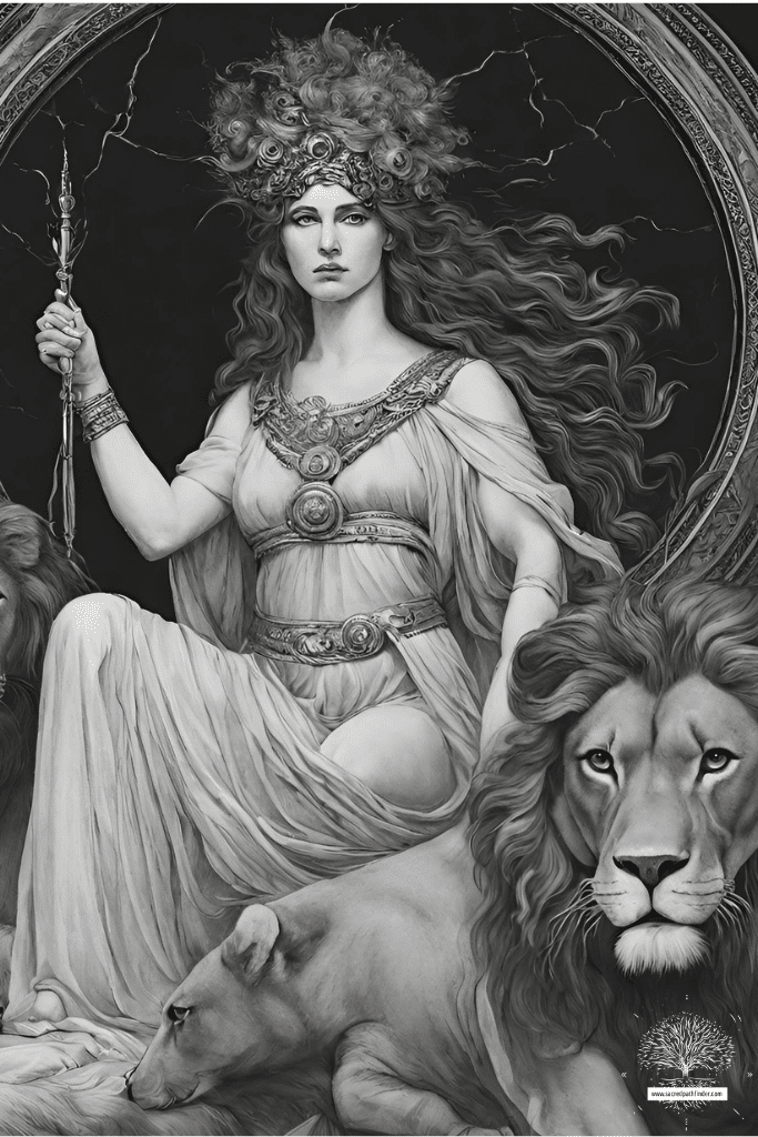 Photo of the goddess Circe with a lion by her side, holding a wand. The photo is black and white and made using AI in Canva. 