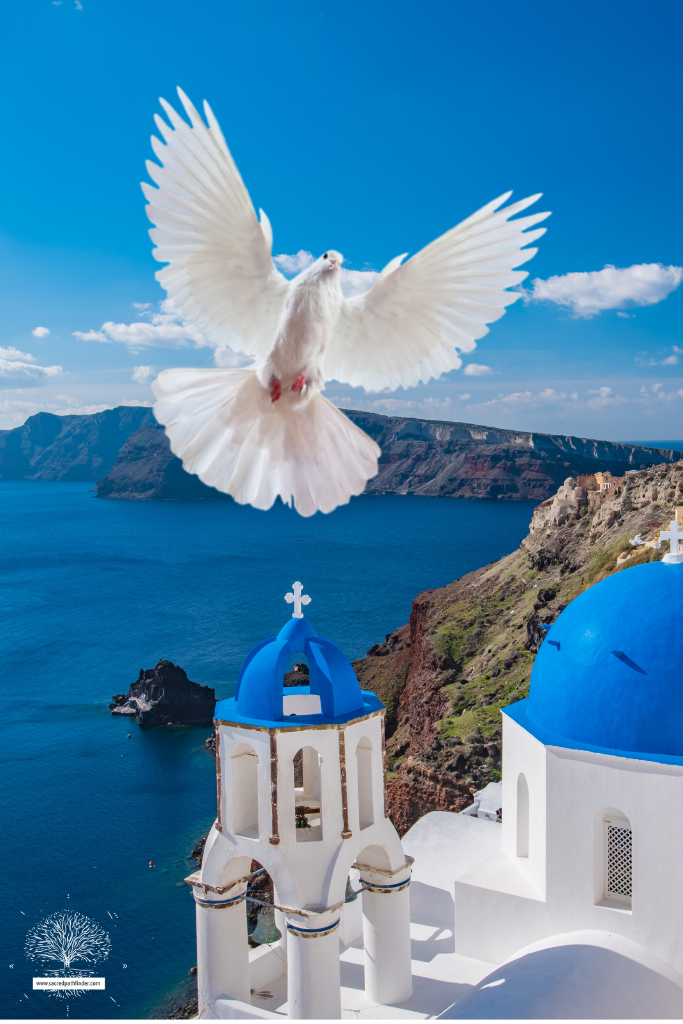 Photo of a white dove in front of a Greek  ocean and town. 