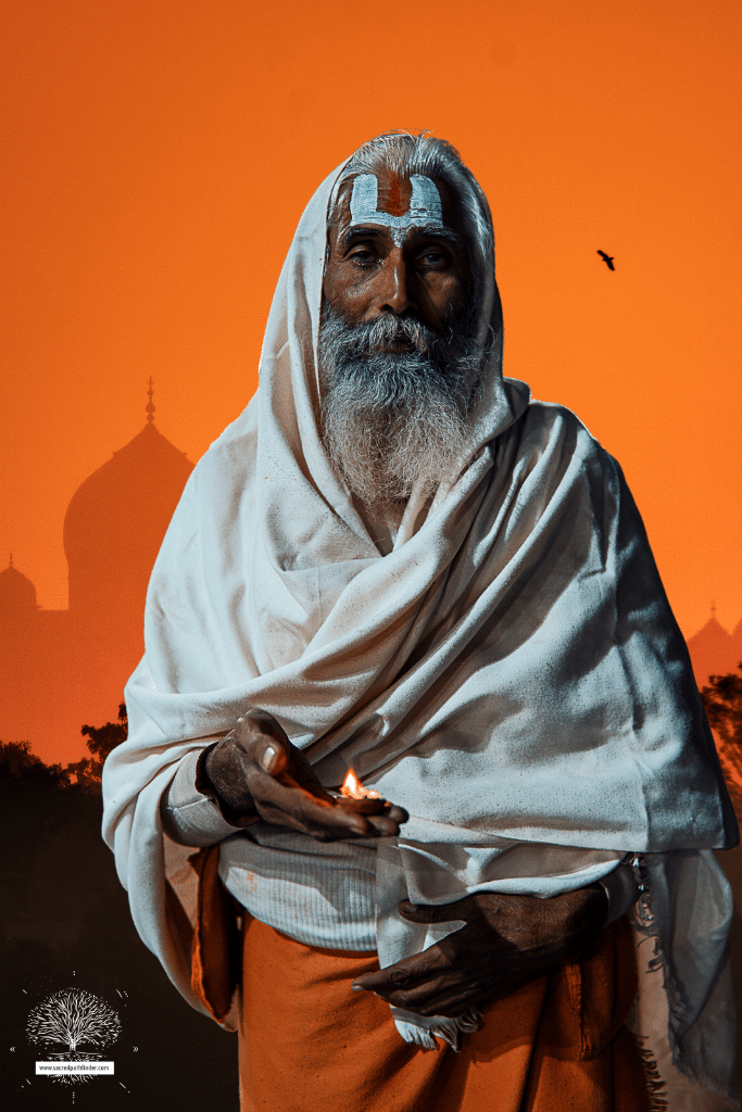 Photo of a hindu man in front of a background featuring India at sunset. 