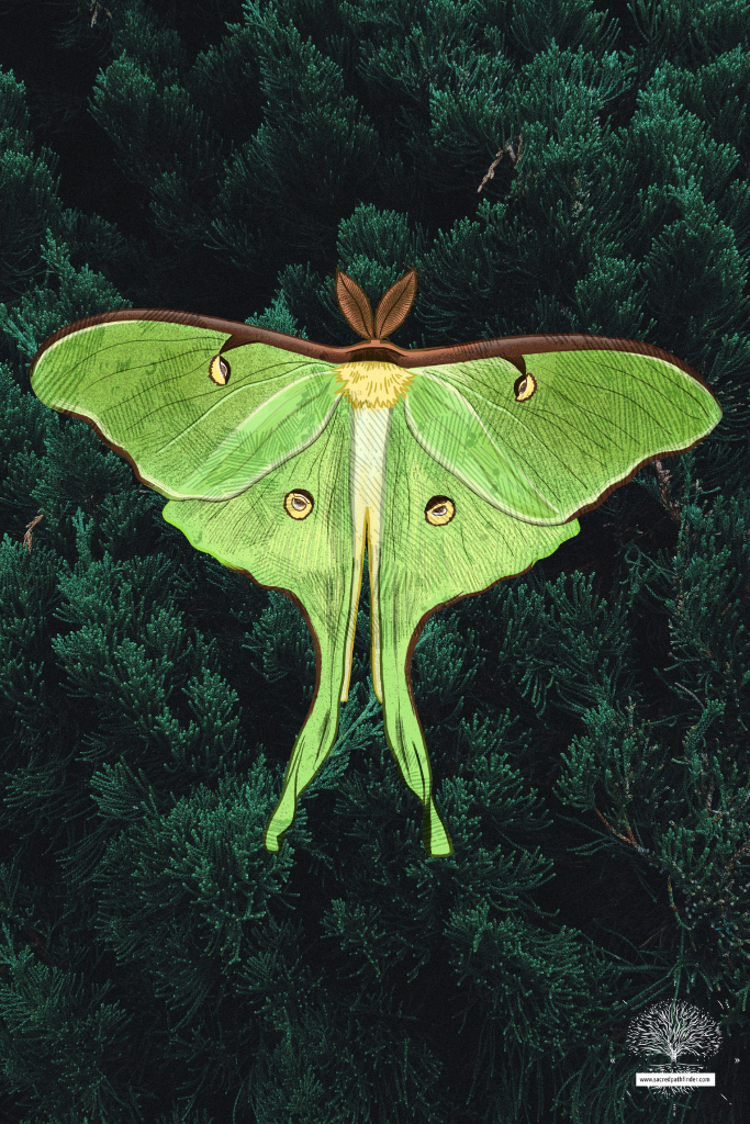 Photo of a luna moth graphic in front of a forest background.