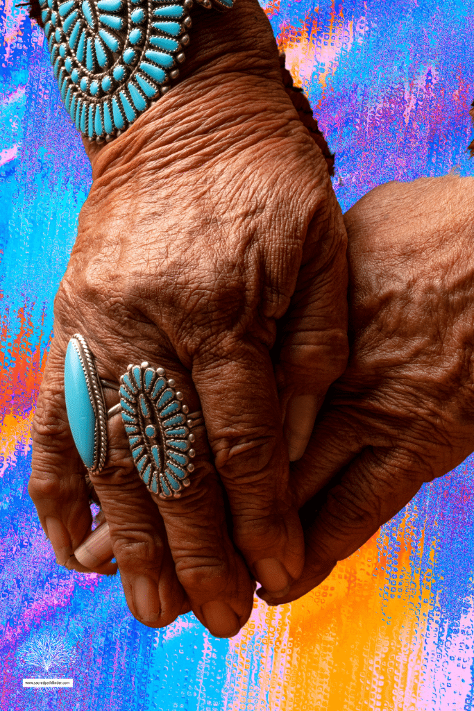 Closeup photo of a woman's hands in from of a basket. She is wearing turquoise jewelries. 