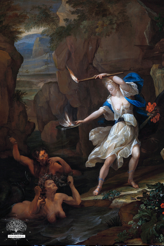 Photo of the goddess Circe, about to turn the nymph Scylla into a sea monster. She is in the lake next to Glaucos. 