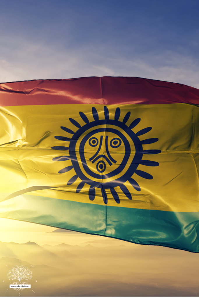 Photo of a flag with the taino sun symbol. The flag is waving in the wind. 