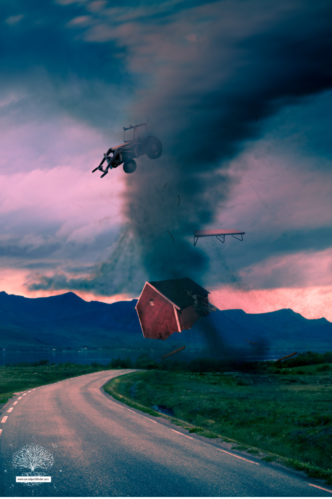 Graphic of a tornado with a red barn and a tractor in the tornado. 