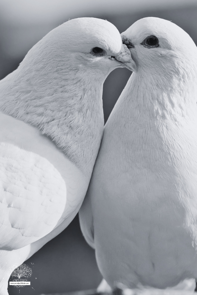 Black and white photo of two white doves kissing. 