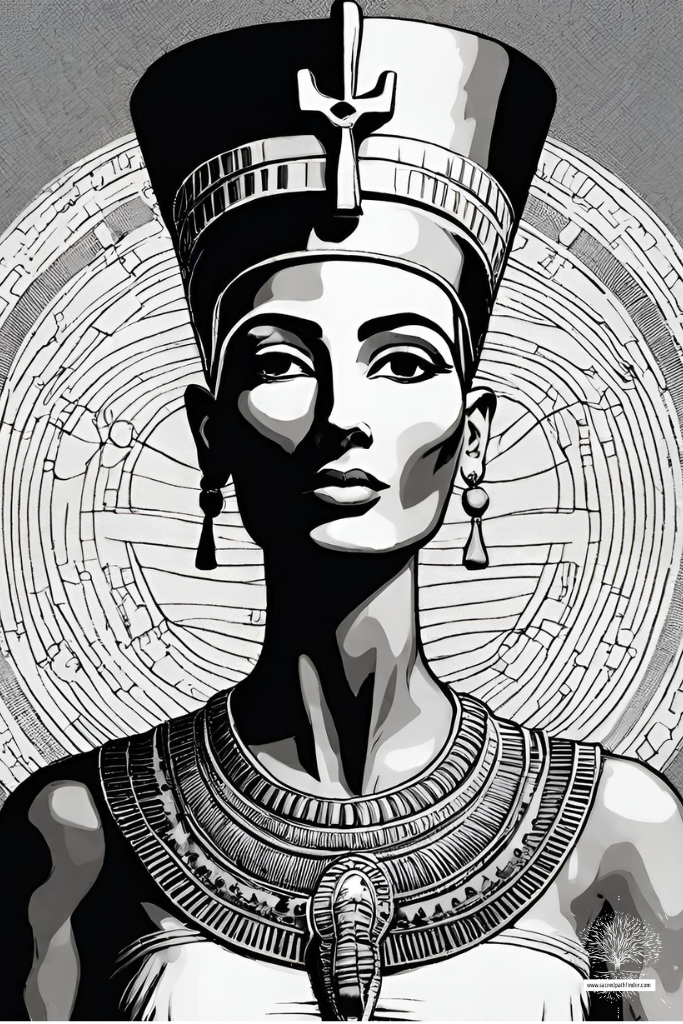 Black and white AI photo of Queen Nefertiti, standing tall in her head dress.