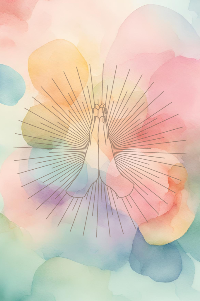A free phone wallpaper with a water color image with pastel colors as the background and a prayer hands graphic in the center. The background is AI generated. 