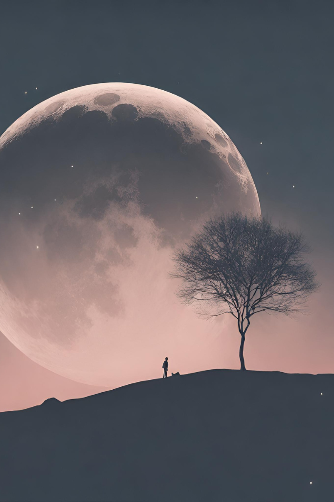 Photo of a large full moon with a man walking a dog in front of the silhouette. This photo is AI generated.