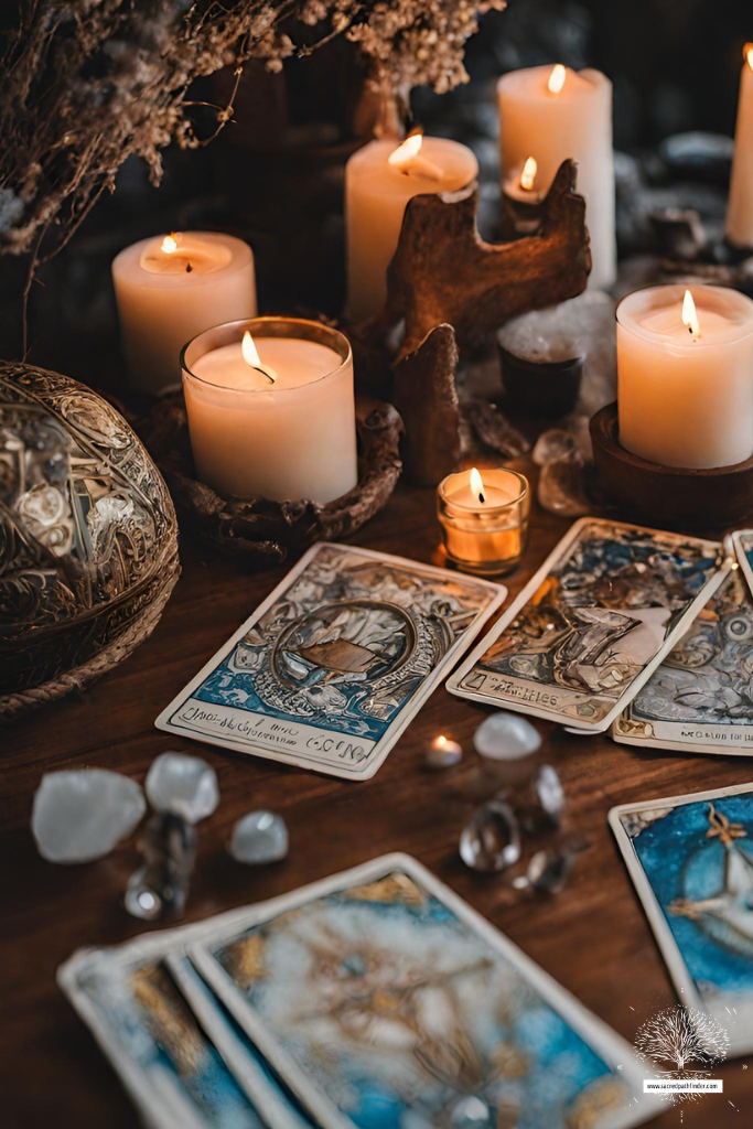 Closeup photo of an alter with tarot cards, crystals, and lots of lit candles. This photo is AI generated. 