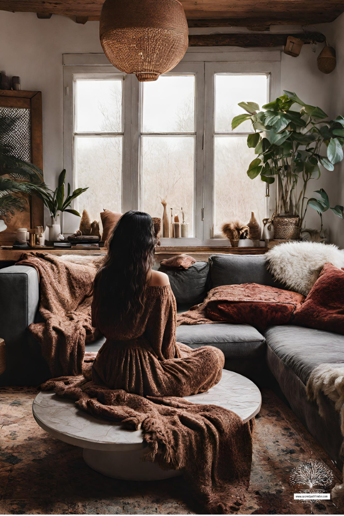 Photo of the back of a dark haired woman, sitting on a round living room table. The style of the room is bohemian. This photo is generated using AI. 