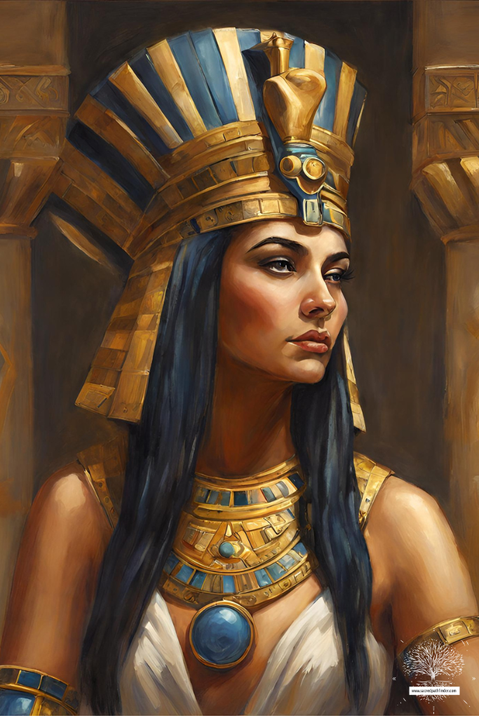 Photo that is AI generated of Queen Cleopatra in her head dress.