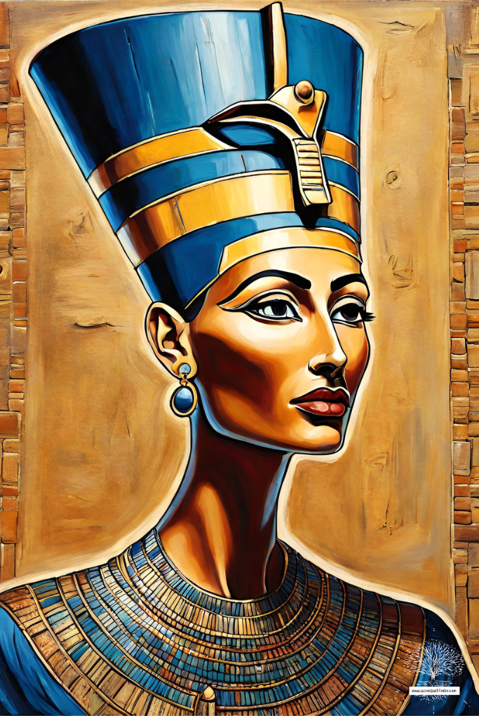 Photo generated with AI of an oil painting of Queen Nefertiti in her head dress.