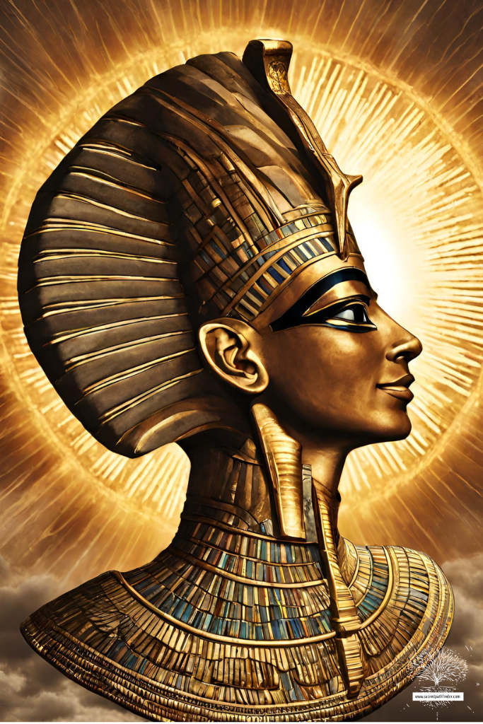 Photo generated in AI of the Sun God, Ra. It is his head, he is shining and made of gold. It is his profile. 